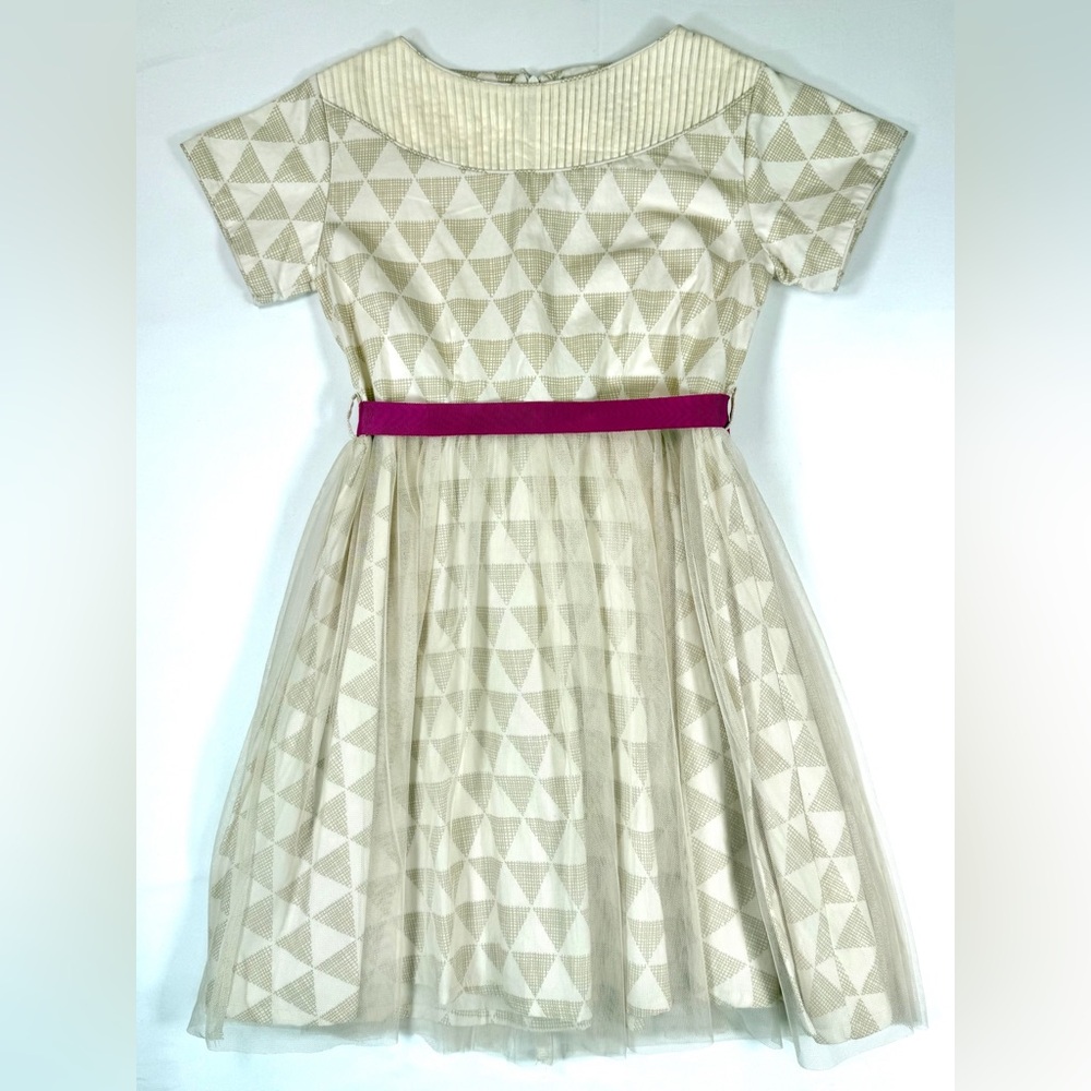 MIA JOY JOYFOLIE Girls' Champagne Geometric Print A-Line Tulle Bow Belt Dress 10